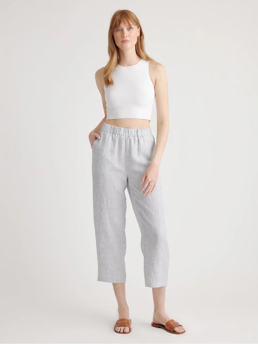 Quince 100% European Linen Pants in Blue Pinstripe | S